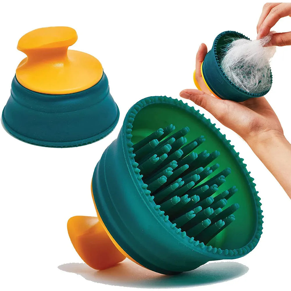 Green double-sided knotted silicone pet brush for dead hair removal, size 8x9.5x9.5cm, on a plain background