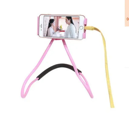 White universal neck phone holder with 360-degree rotating clamp on a table