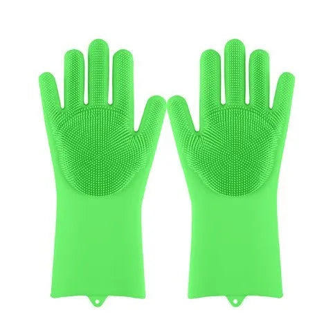 Blue silicone cleaning gloves with a textured sponge palm design for scrubbing.