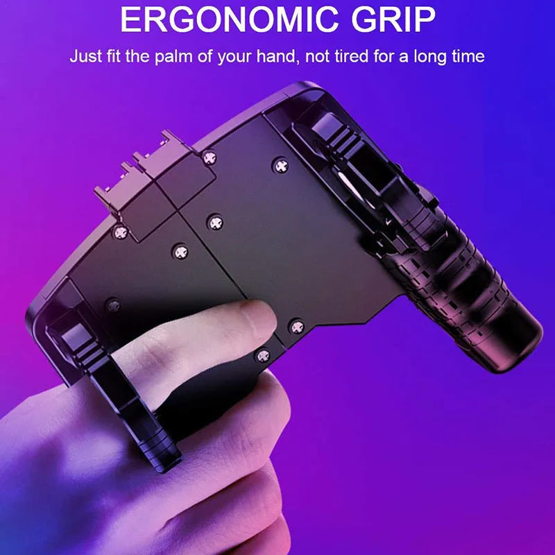 Black multi-function gamepad for mobile phones showing controller, trigger and integrated phone holder