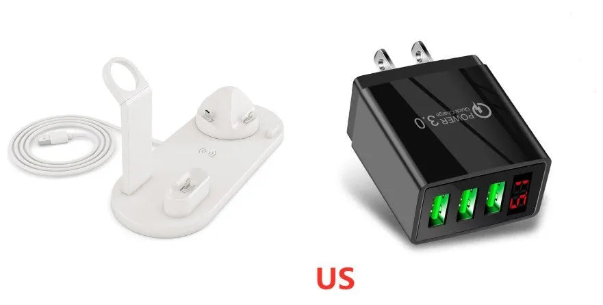 4 in 1 wireless charger stand for iPhone Samsung iWatch AirPods in black silicone material with 360 degree rotating dock