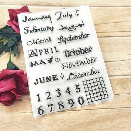 Transparent silicone vintage calendar stamp seal on a white background.