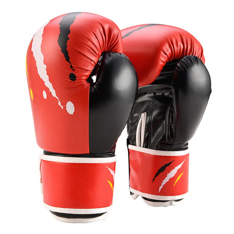 Pair of boxing training gloves with latex padding for wrist and palm protection, available in black, red, and white