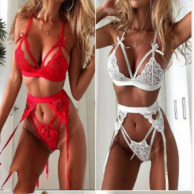 Red and white lace lingerie set for women available in four sizes