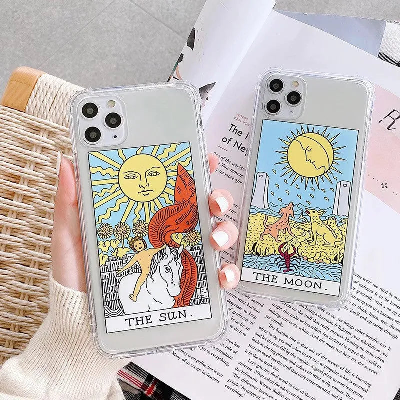 Creative Mythology comic design iPhone case in sun or moon graffiti colours, flexible silicone TPU back cover.