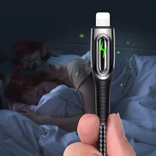 Black braided Lightning cable with intelligent power-off feature for iPhone 12 charging