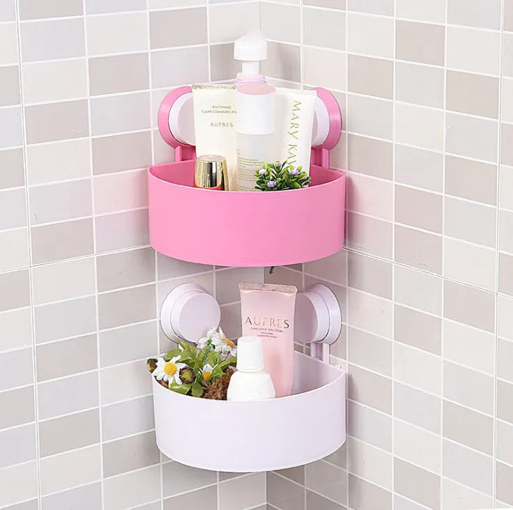 Triangle ABS plastic bathroom corner shelf with double sucker brackets and water drain holes