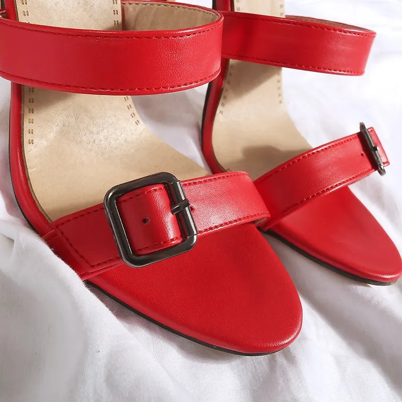 High tube women's sandals with belt buckle and block heel in black, pink and red, UK sizes 32 to 46