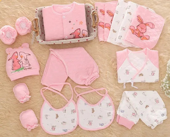 Pink cotton padded baby clothes set with rabbit design for newborn layering.