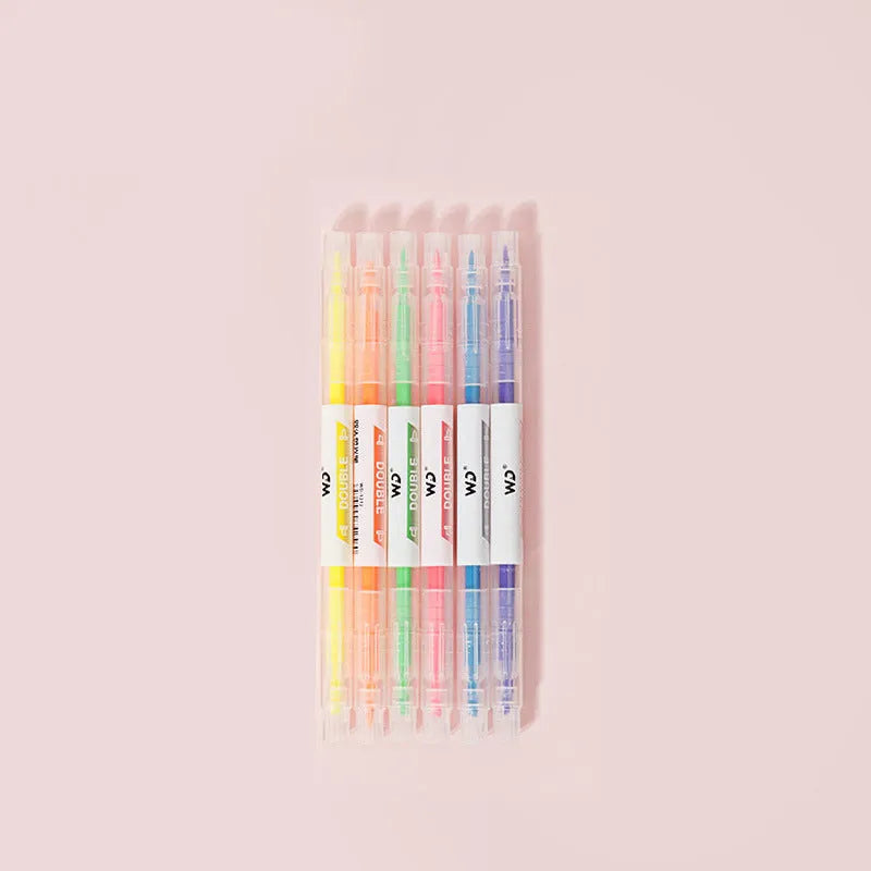 Six double-headed highlighter pens showing round and oblique nibs in orange, purple, yellow, green, blue, and pink colours