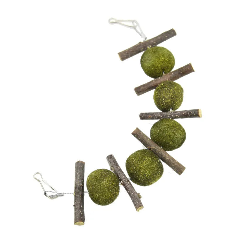 Hanging pet molar string toy with 5 natural grass balls and 6 apple branches for small animals
