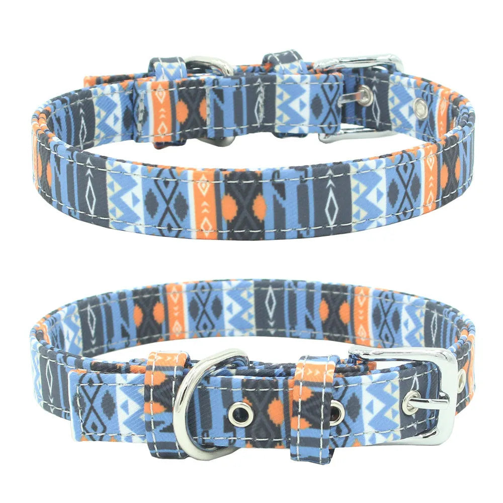 Double layer reflective canvas dog collar with metal D-ring, available in multiple sizes and colours
