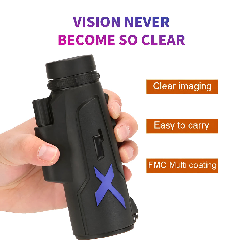 Black monocular telescope with 12x magnification and 50mm objective lens for outdoor observation