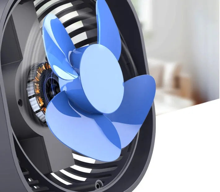 Compact USB desk fan in blue with 360-degree rotation head and rotary switch.