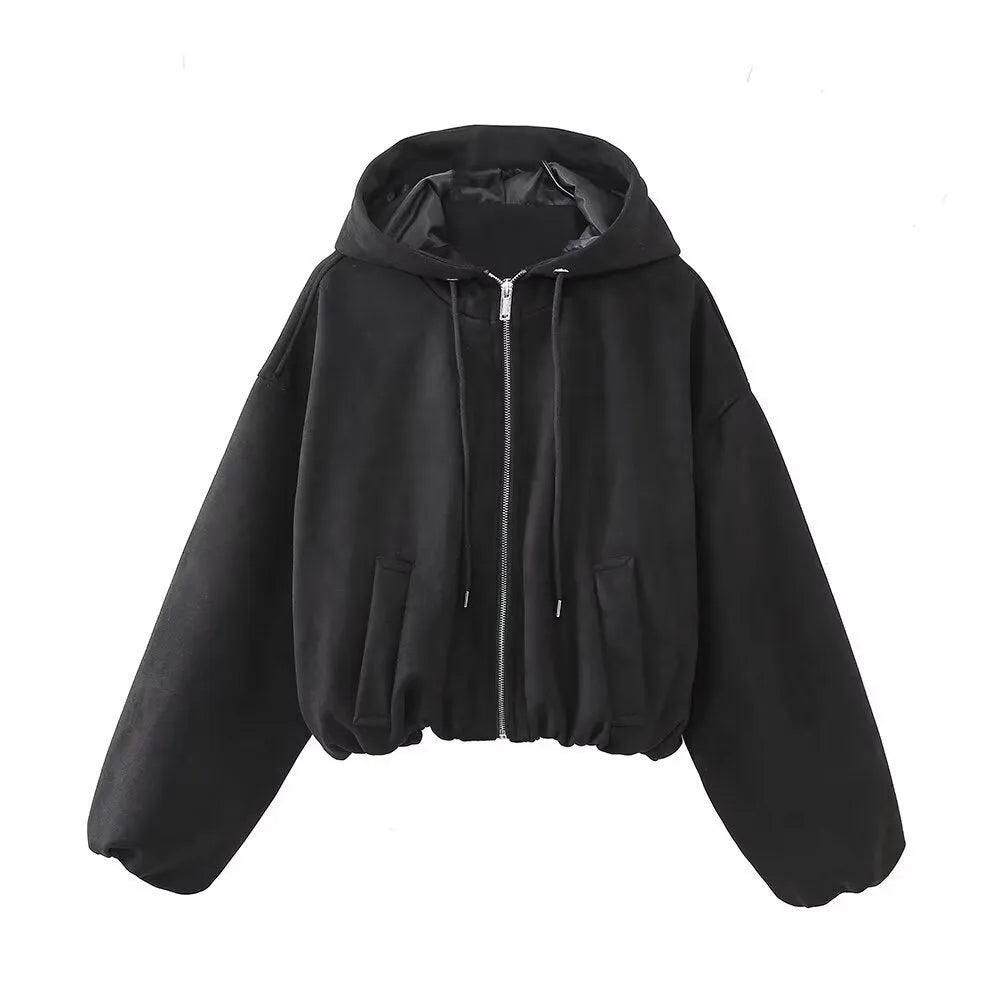 Women's casual suede hooded jacket in black with a zip front closure