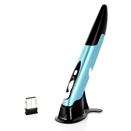 Wireless optical pen mouse in blue with USB receiver and stand on white background