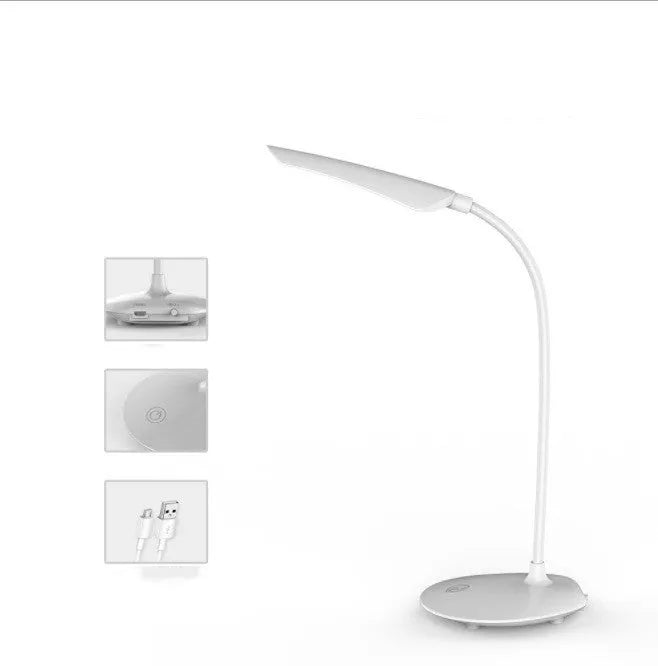 White LED desk lamp with touch control and USB charging, compact simple design on desk