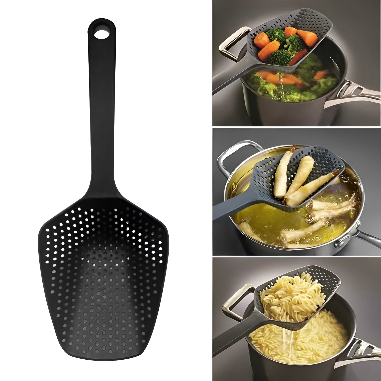 Large black nylon kitchen scoop colander strainer with 19cm diameter for draining food.