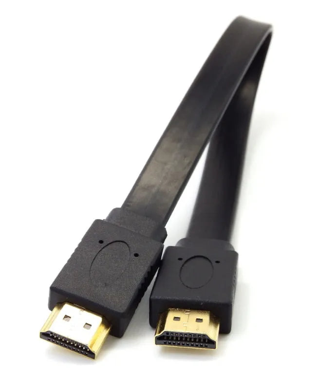 Flat HDMI 1.4 cable with gold connectors showing length options from 30cm to 10 metres