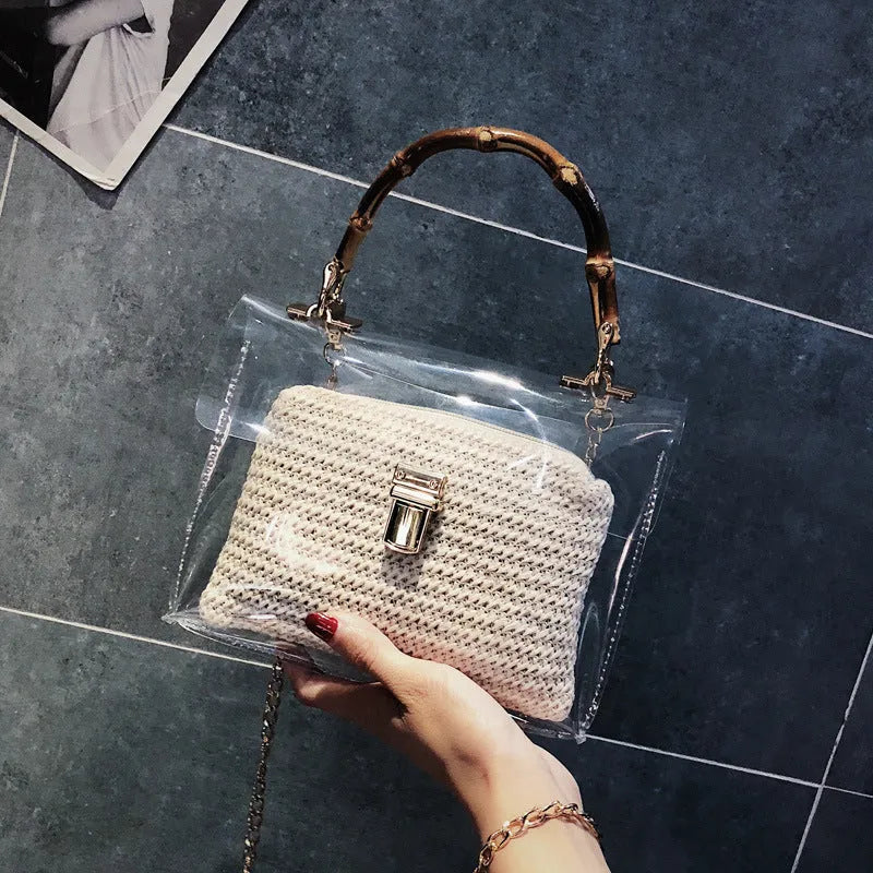 Women's bamboo knot woven handbag in khaki with chain detail, PVC body, and hasp closure