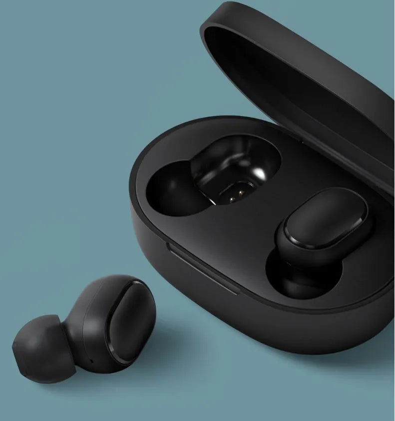 Redmi AirDots 2 black true wireless earbuds next to their compact charging case on a white background.