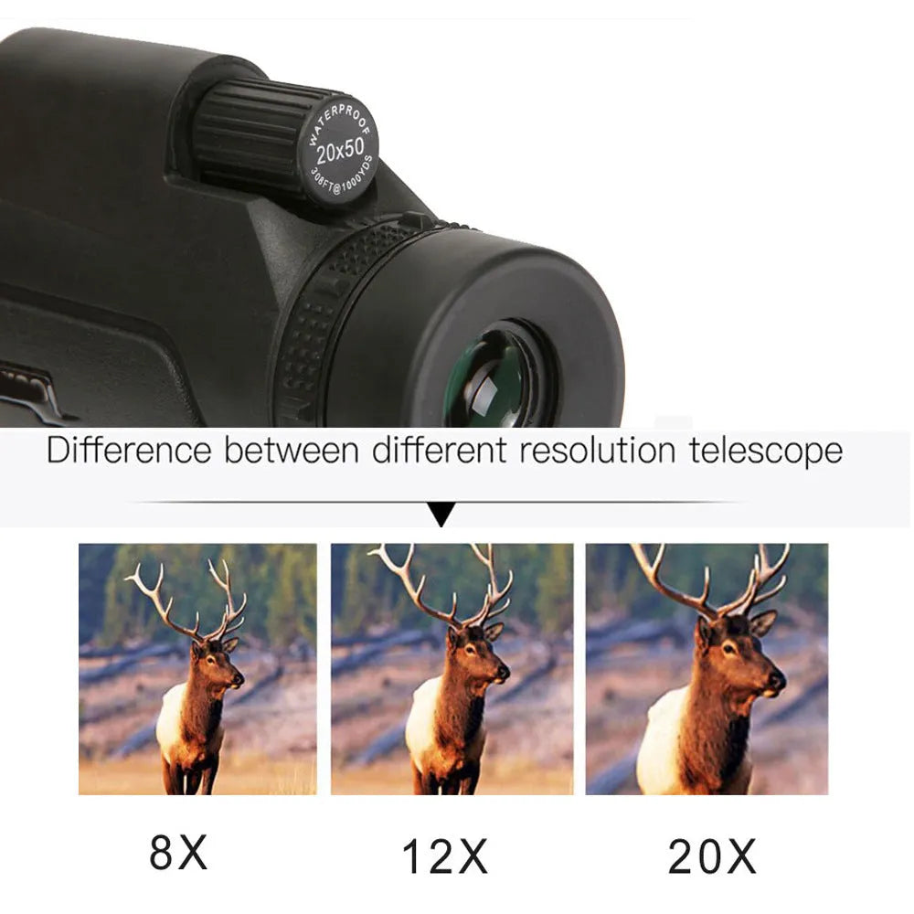 Black monocular telescope with 12x magnification and 50mm objective lens for outdoor observation