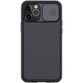 Nillkin Black Mirror Pro phone case for iPhone 12 with sliding camera lens cover in black, blue, and green colours.