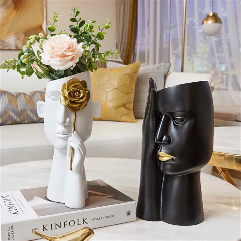 Resin twin ornament vase decoration in white with flower, modern simple style, 27cm tall