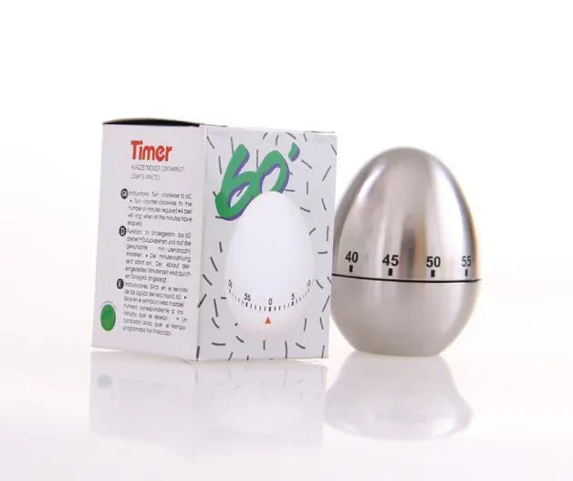 Stainless steel egg-shaped mechanical kitchen timer with a 60-minute dial