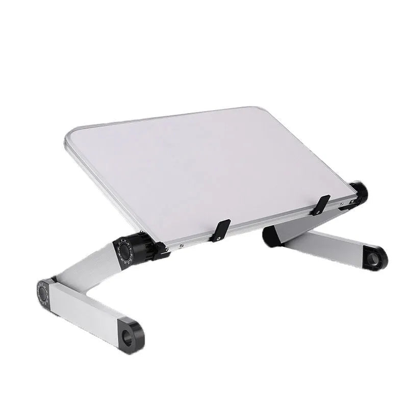 Foldable laptop stand in black and white, 360 degree adjustable angle, on a desk with laptop