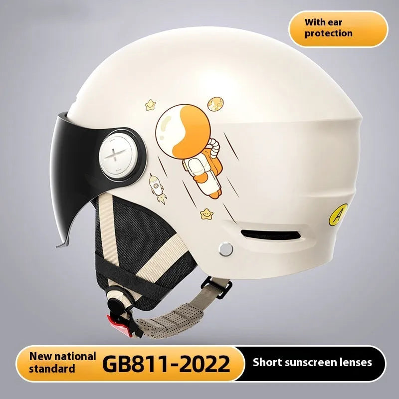 Khaki coloured ABS motorcycle half helmet shown with a choice of attached sun protection or clear visor lenses.