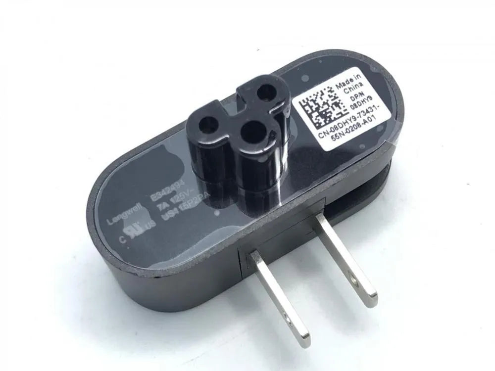 Black folding notebook power plug showing straight and 90-degree angle configurations