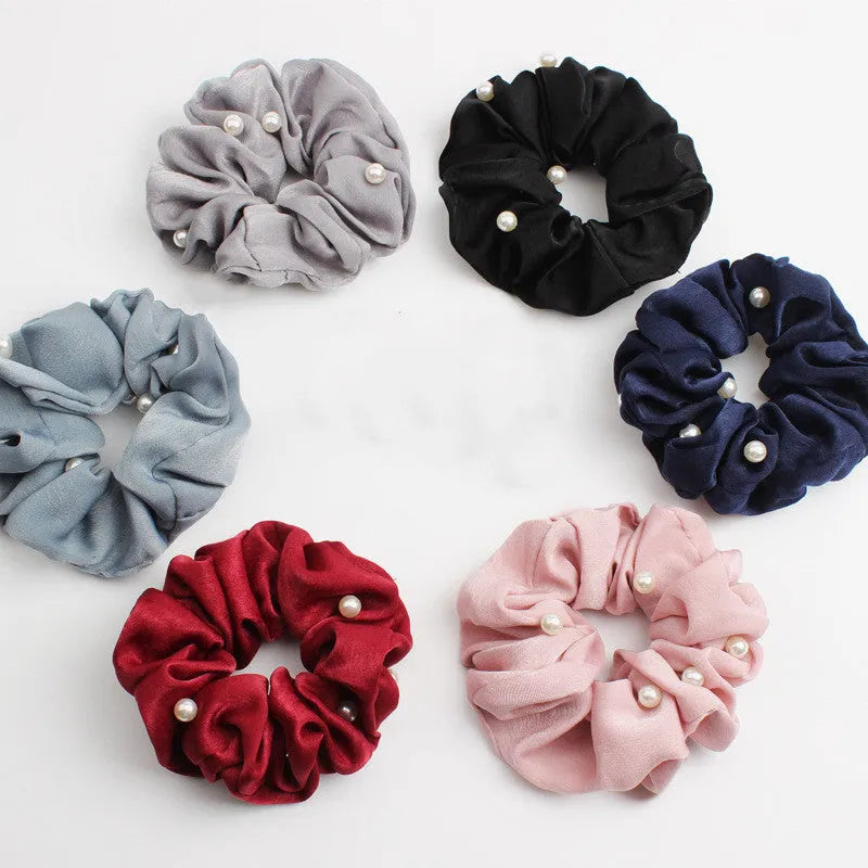 Set of 6 cloth-covered rubber hair rings in black, dark blue, grey, light blue, pink, and red