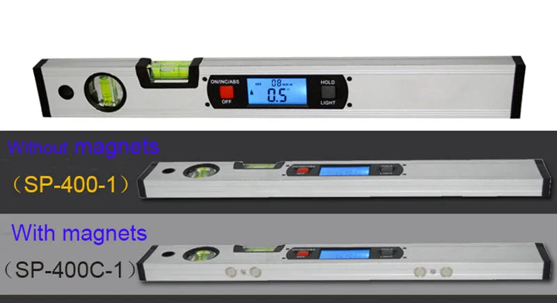 Digital magnetic angle meter 400mm with flip-up LCD display and four built-in magnets on base plate