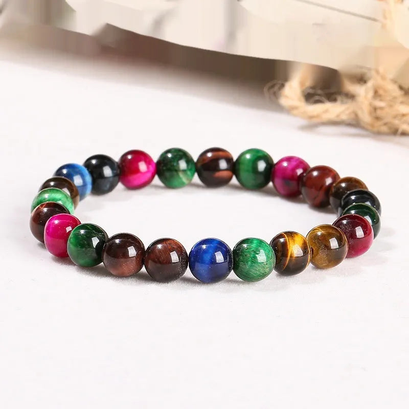 Colourful Tiger Eye natural stone bracelet with round beads on mixed string