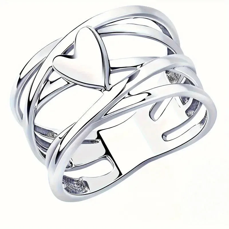 Heart French Simplicity Hollow Line Ring in silver colour, unisex copper geometric double love ring