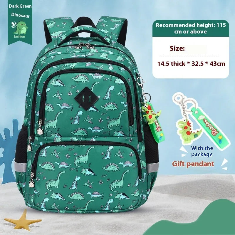 Blue children's Oxford cloth backpack with dinosaur print and curved shoulder straps.