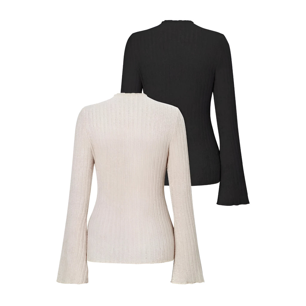 Slim fit long sleeve top with lantern sleeves in black brushed polyester fabric, showing sunken stripe detail and round neck.