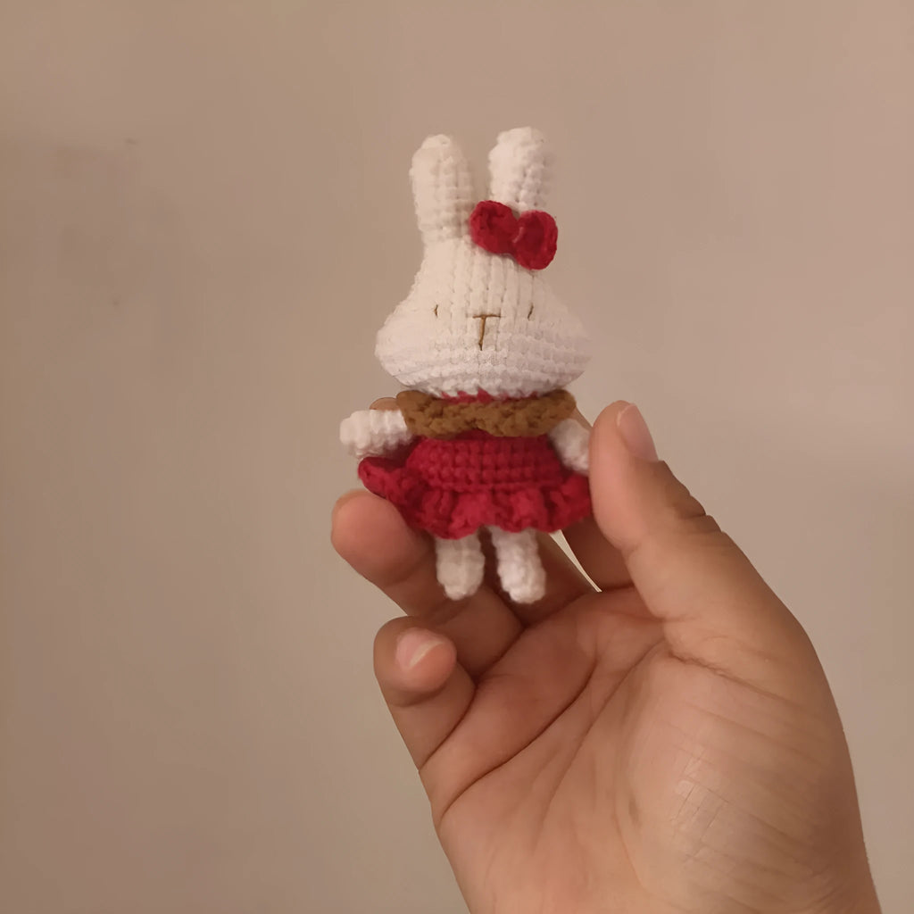 Hand-crocheted wool rabbit key chain pendant in amigurumi style