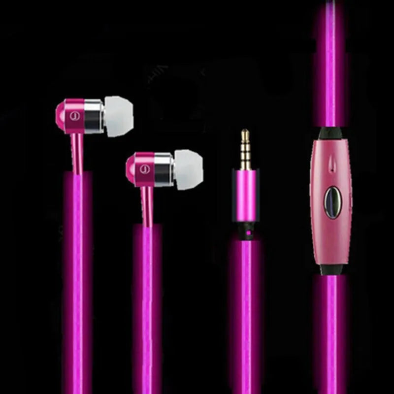 Blue Magic Light LED earphones with glowing EL light strips, showing 3.5mm plug and inline remote with microphone.
