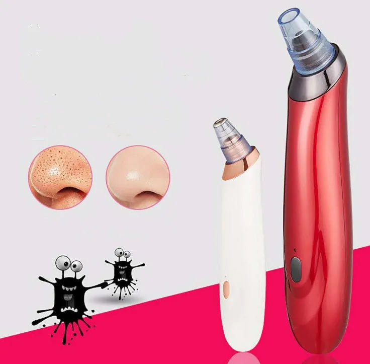 Black, gold, red, or white coloured electric blackhead removal tool with multiple nozzle tips