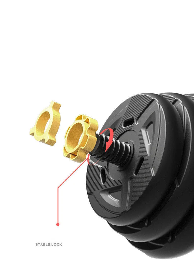 Rubber-coated dumbbell set with foam grip handle and double safety nut on wooden floor