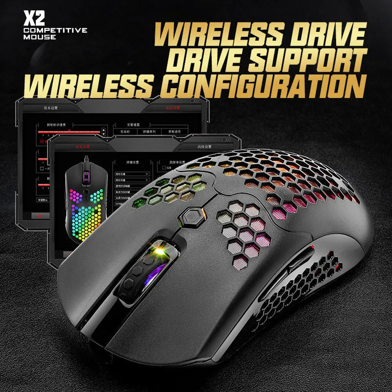 Free Wolf X2 wireless RGB gaming mouse in black with dual-mode connectivity