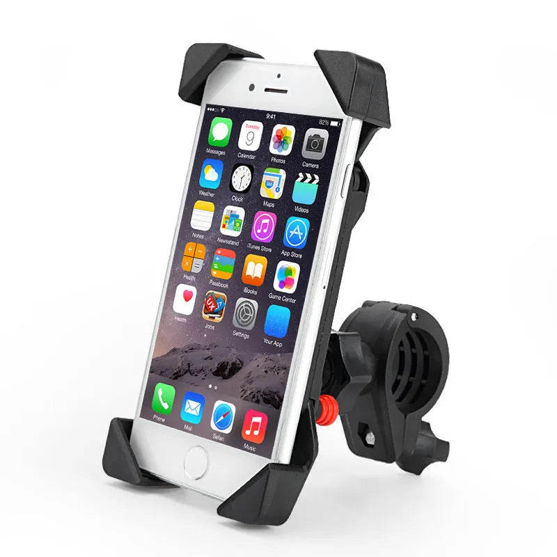 Black motorcycle phone holder with adjustable clamp and USB charging port mounted on handlebars
