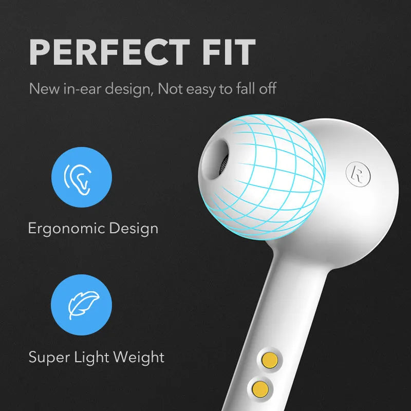 Black and white true wireless Bluetooth earbuds with IPX5 waterproof rating.