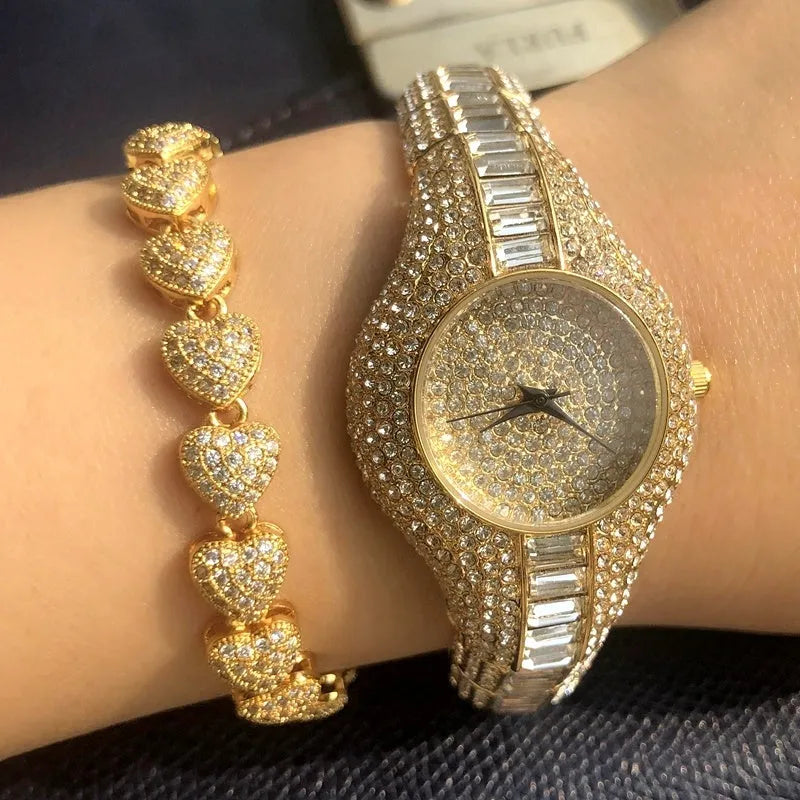 Women's gold alloy quartz watch with round dial showing diamond and colourful stone inlays