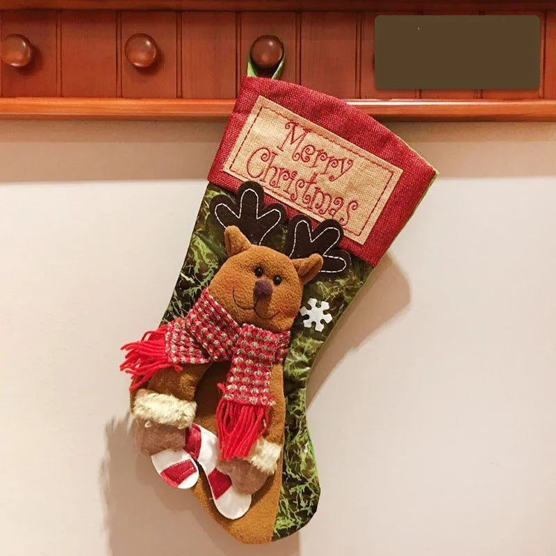 Christmas stocking socks with 3D applique snowman, Santa, and elk designs in mixed colours
