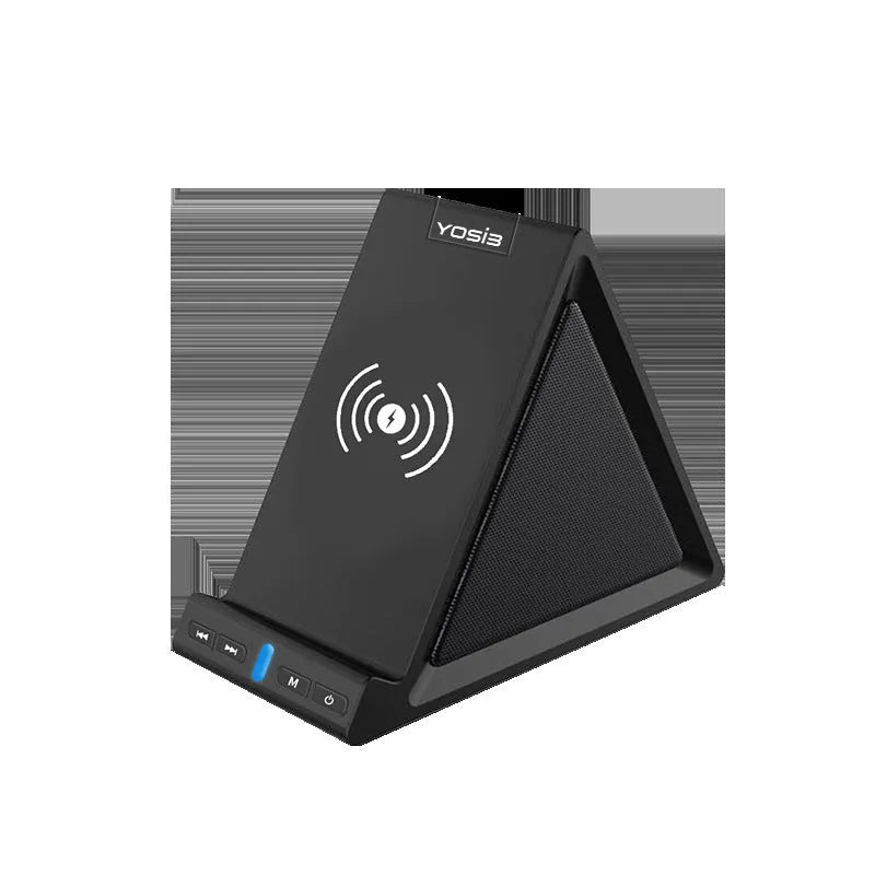 Black multifunctional Bluetooth speaker with phone stand and wireless charging ports.