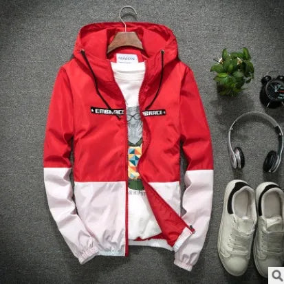 Men's casual hooded jacket in blue with slim fit and stripes, spring autumn thin section coat