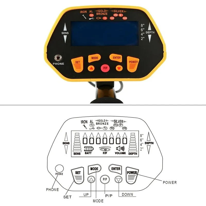 Black and yellow GC1028 professional metal detector with LCD display and adjustable pole.